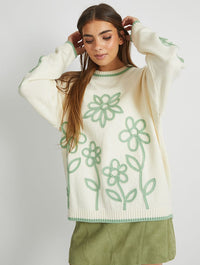 Floral Applique Knitted Jumper in Cream & Sage Jumpers & Cardigans Skinnydip London