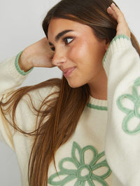 Floral Applique Knitted Jumper in Cream & Sage Jumpers & Cardigans Skinnydip London
