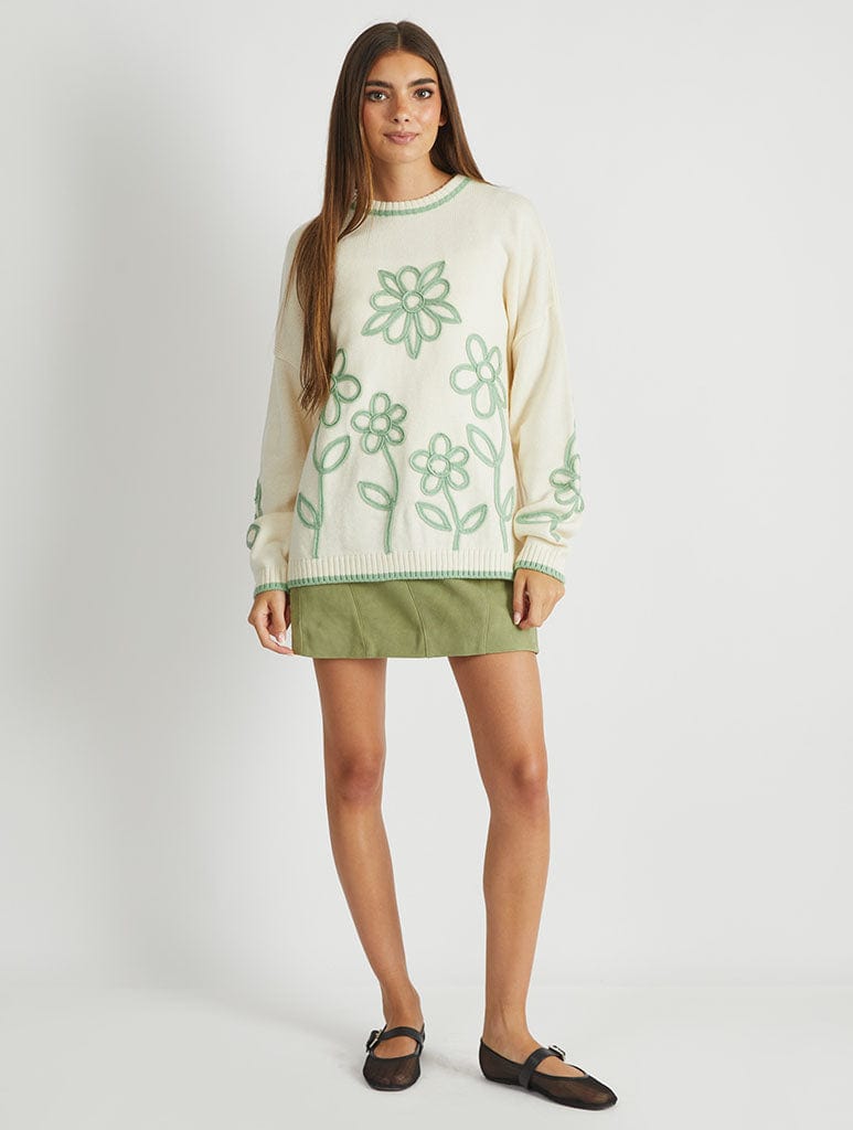 Floral Applique Knitted Jumper in Cream & Sage Jumpers & Cardigans Skinnydip London
