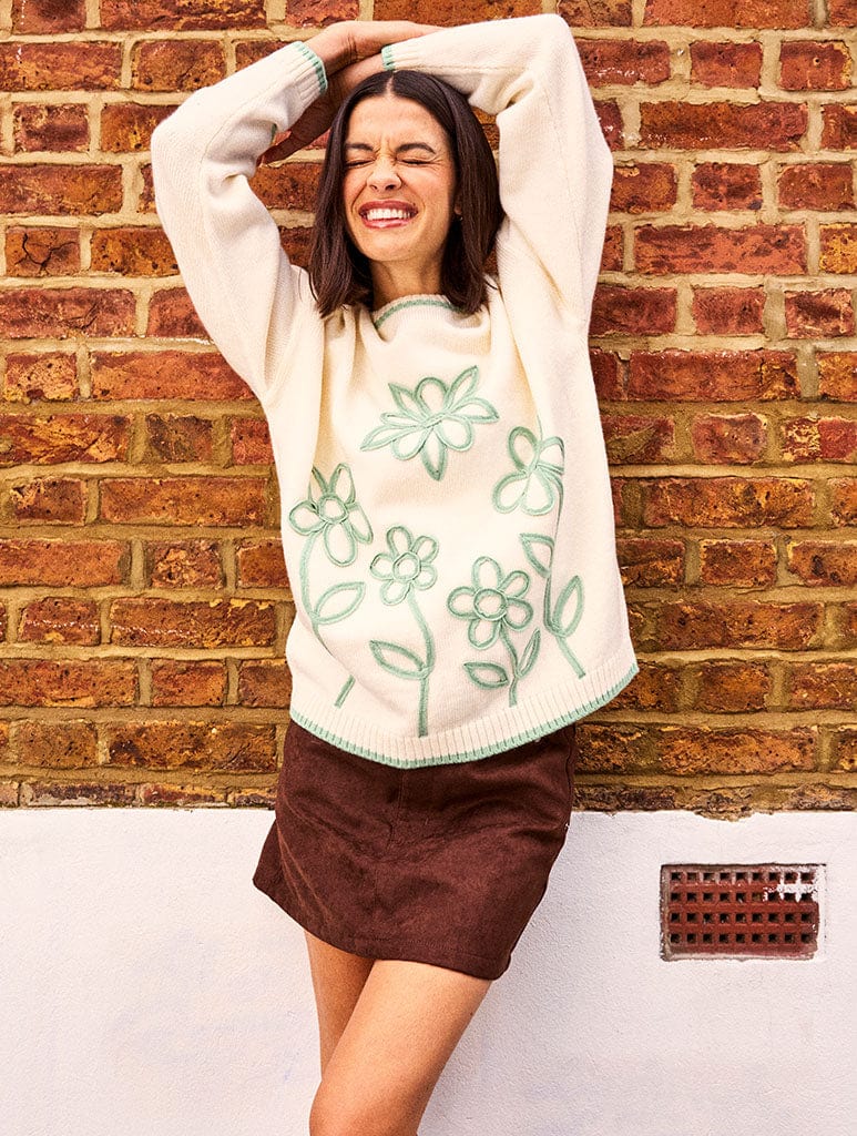 Floral Applique Knitted Jumper in Cream & Sage Jumpers & Cardigans Skinnydip London