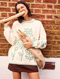 Floral Applique Knitted Jumper in Cream & Sage Jumpers & Cardigans Skinnydip London