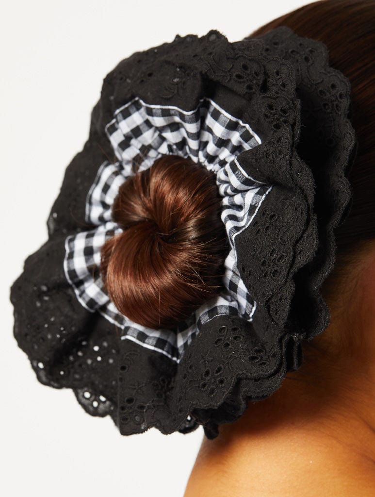 Gingham Frill Extra Large Scrunchie in Black Gift Sets Skinnydip London