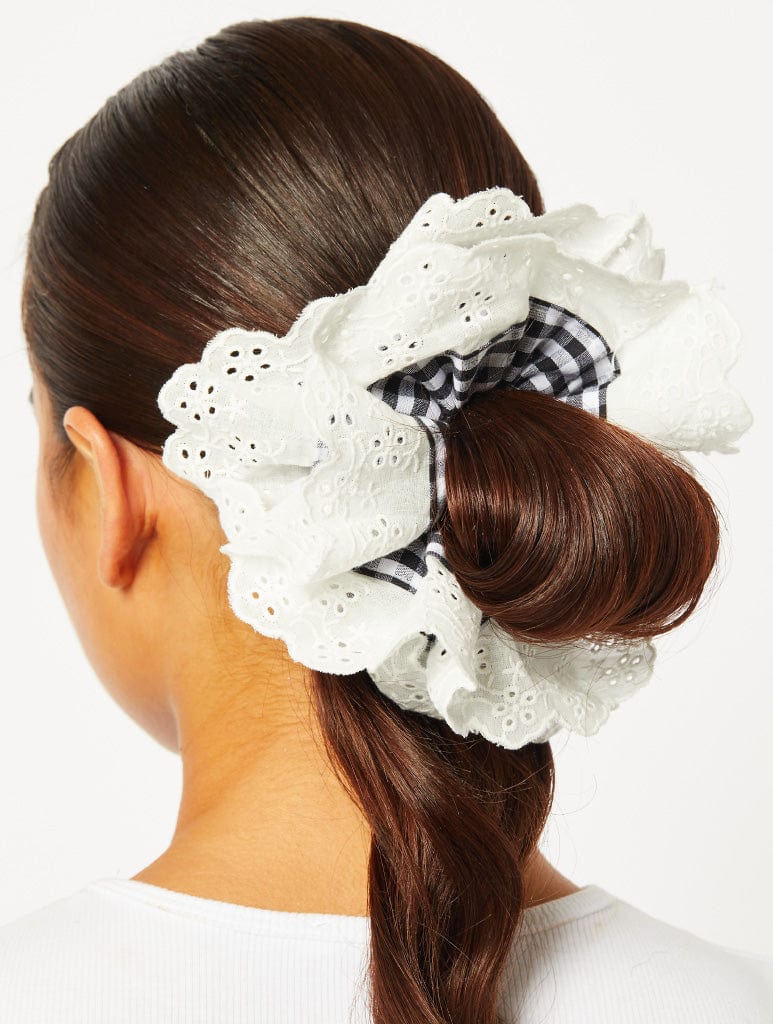 Gingham Frill Extra Large Scrunchie in White Gift Sets Skinnydip London
