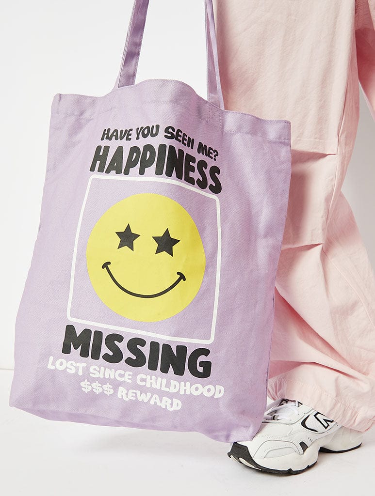 Happiness Missing Purple Canvas Tote Bag Bags Skinnydip London