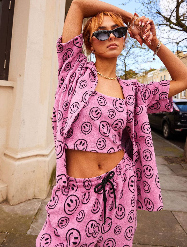 Happy Face Printed Pink Towelling Cami Top Tops & T-Shirts Skinnydip London