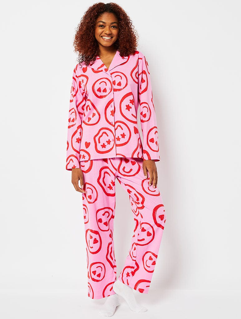 Happy Face Pyjama Set in Pink & Red Lingerie & Nightwear Skinnydip London