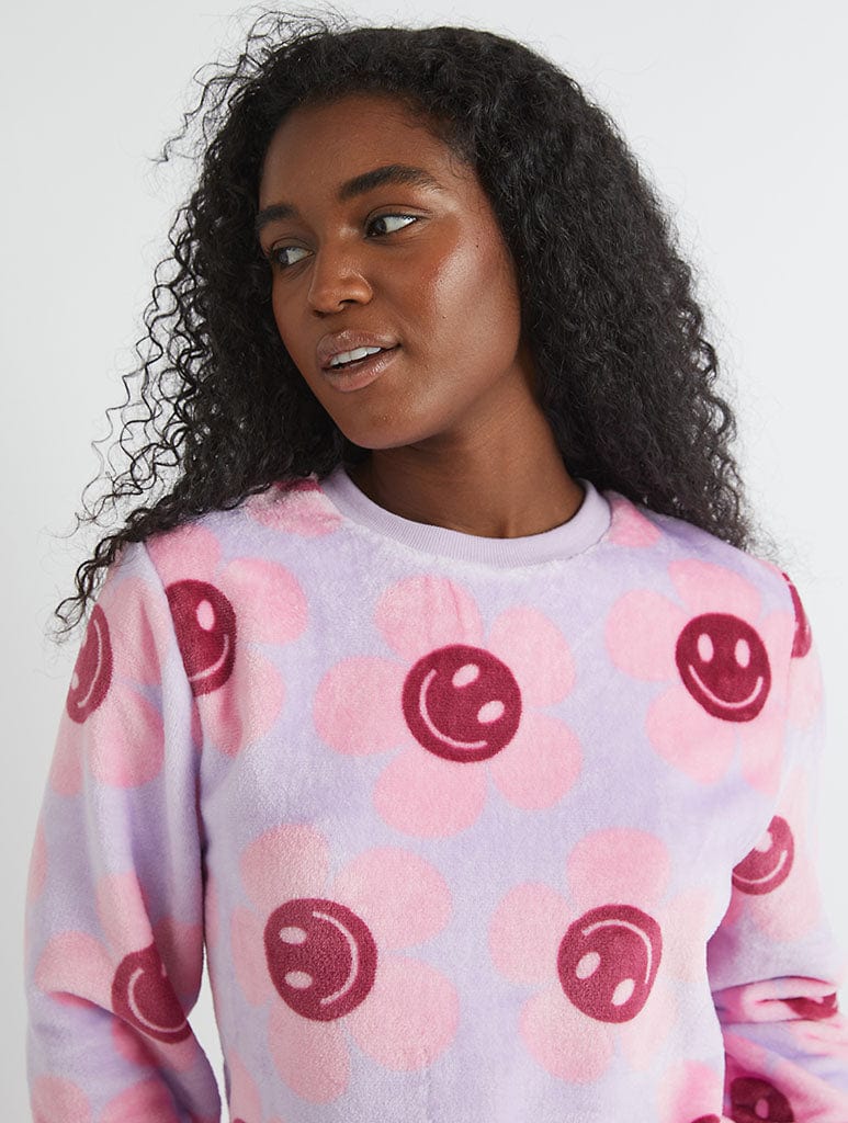 Happy Flower Lilac Twosie Fleece Pyjama Set Lingerie & Nightwear Skinnydip London