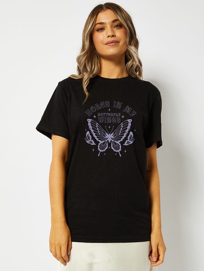 Holes in my Butterfly Wings T-Shirt in Black Tops & T-Shirts Skinnydip London