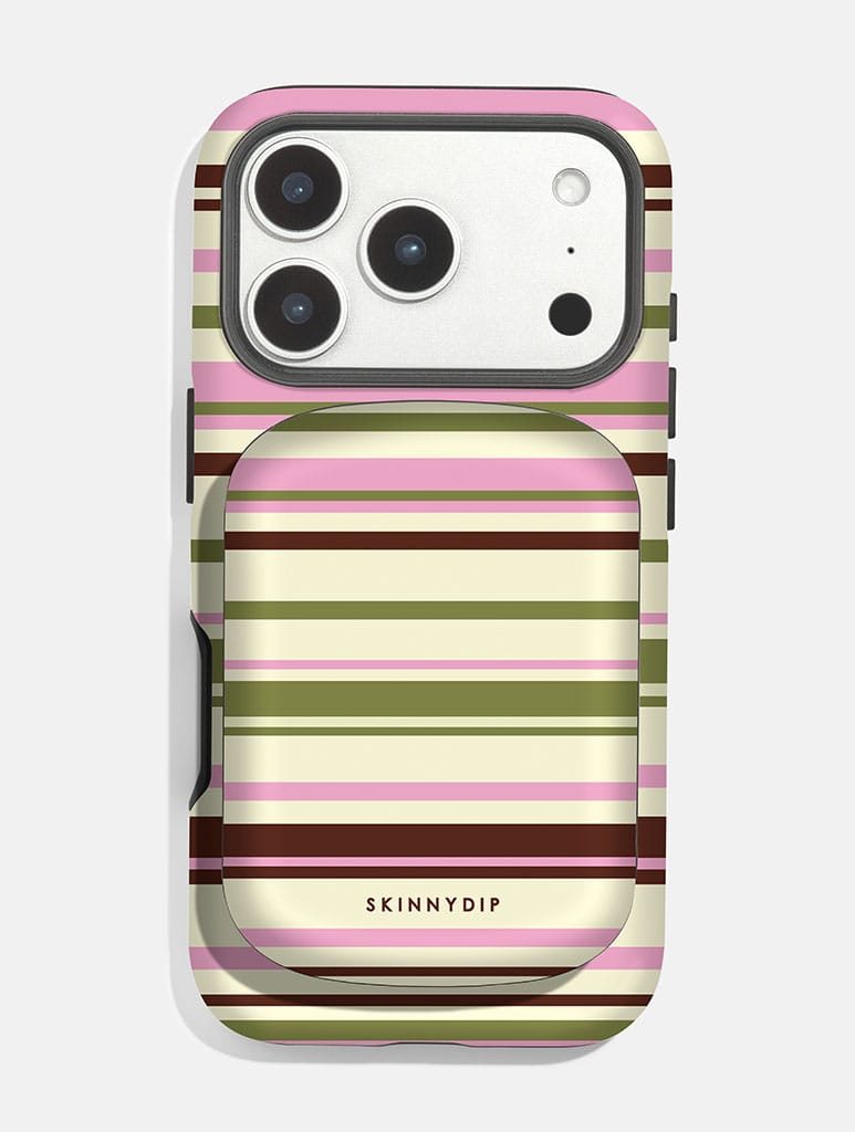 Horizontal Stripes Pink Green Brown Portable Magsafe Charger Portable Chargers Skinnydip London