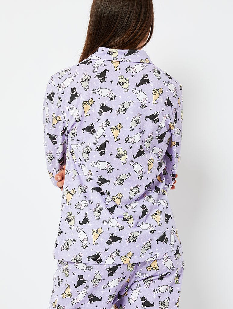 Howdy Cats Pyjama Set in Purple Lingerie & Nightwear Skinnydip London