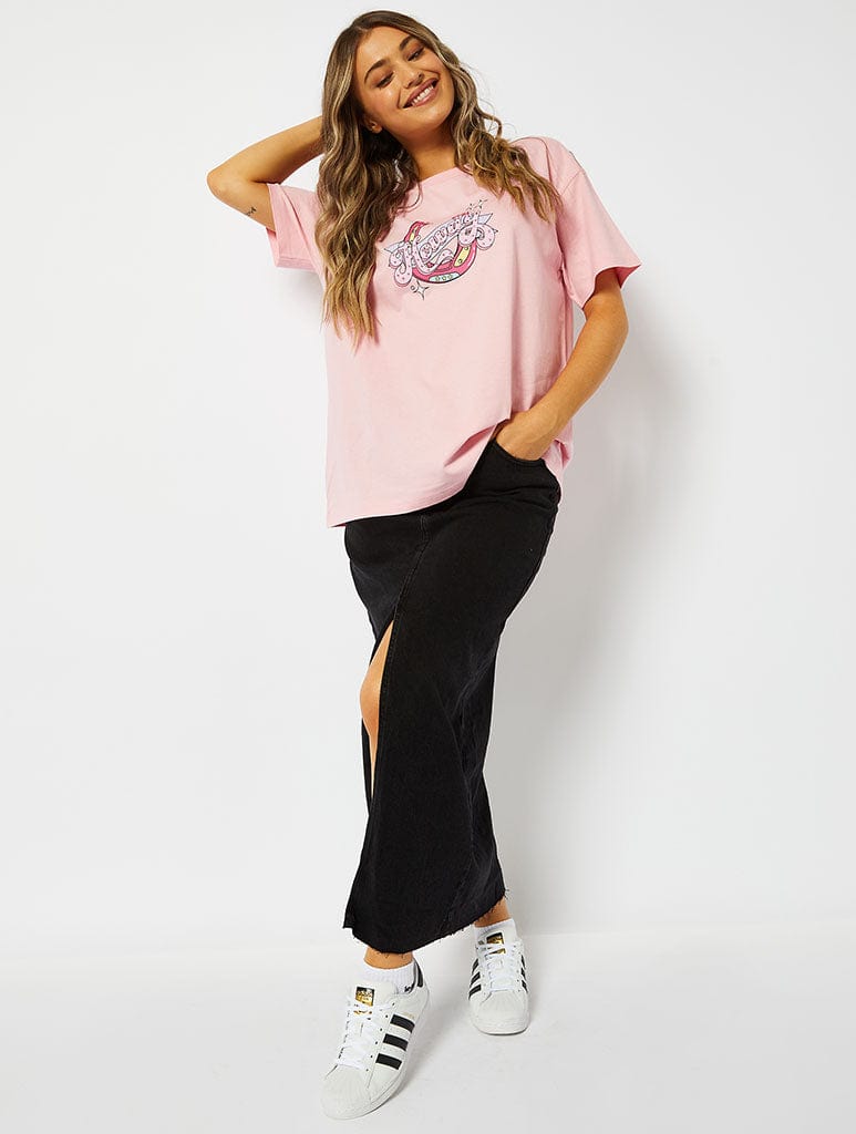 Howdy Graphic Oversized T-Shirt in Pink Tops & T-Shirts Skinnydip London