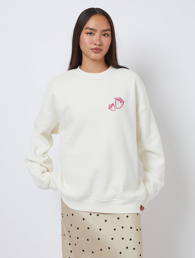 Life Is Sweet Strawberry Sweatshirt In White Hoodies & Sweatshirts Skinnydip London