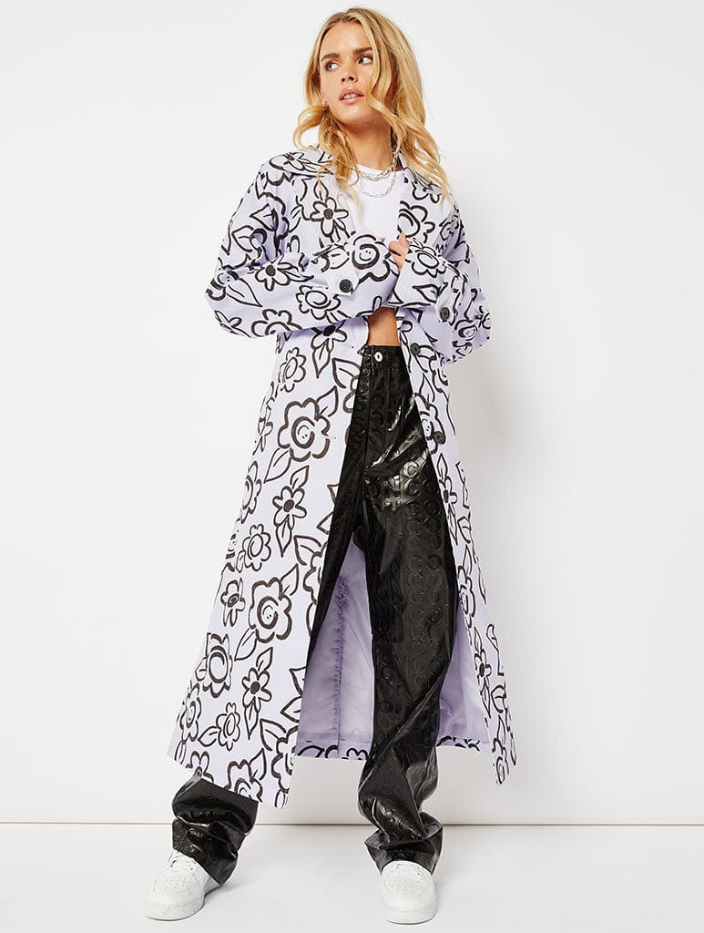 Lilac Happy Face Flower Printed Trench Coat Coats & Jackets Skinnydip London