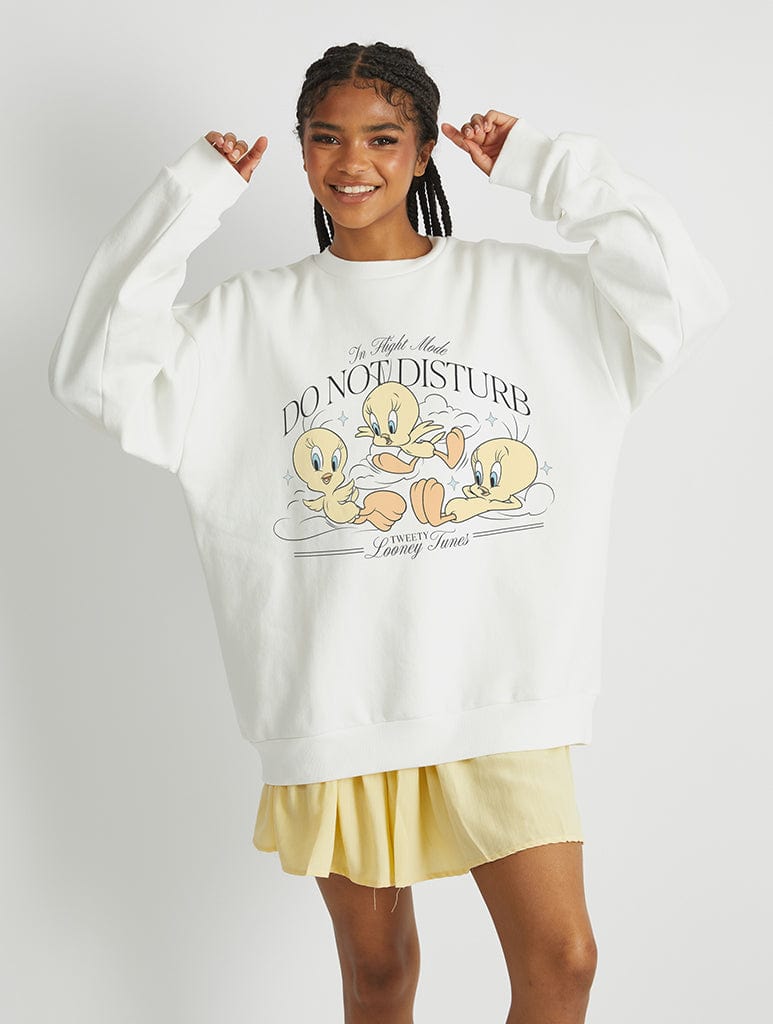 Looney Tunes Tweety Flight Mode Sweatshirt In White Hoodies & Sweatshirts Skinnydip London