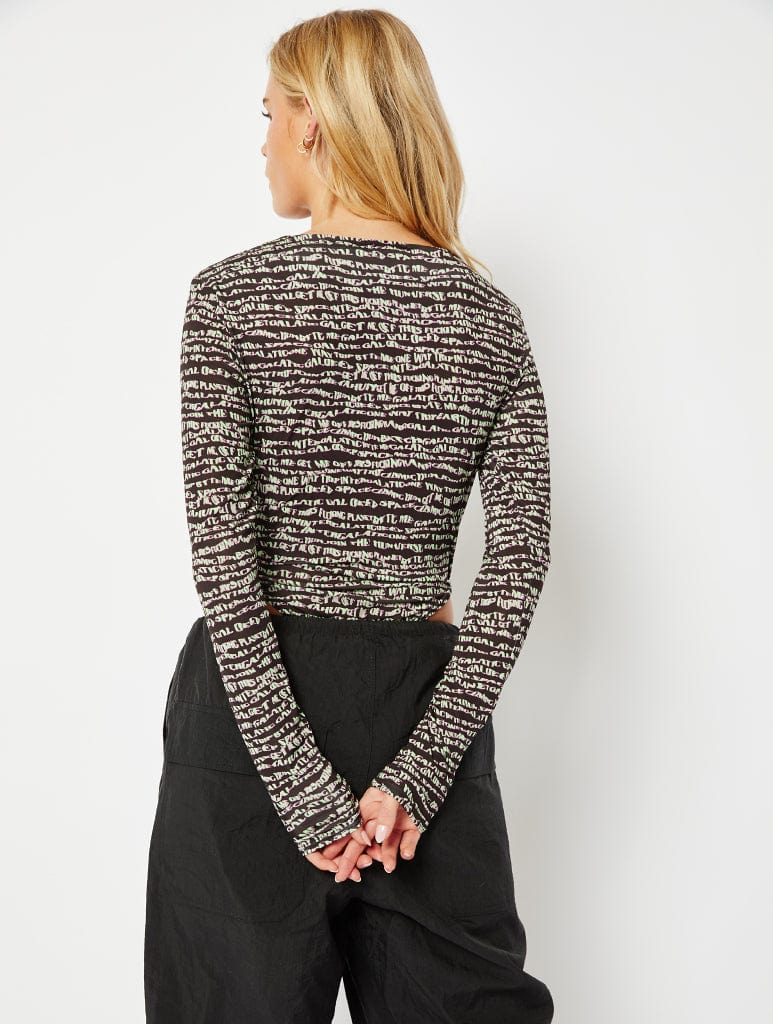 Matrix Text Print Bodysuit with Cut Outs Tops & T-Shirts Skinnydip London