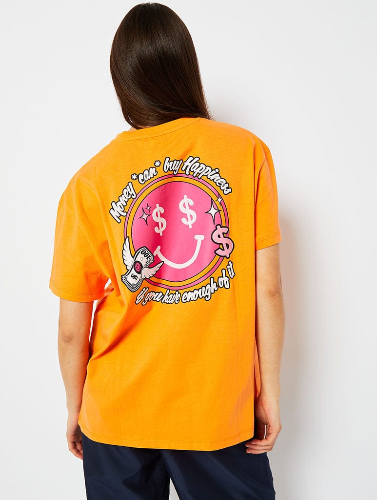 Money Can Buy Happiness Oversized T-Shirt in Orange Tops & T-Shirts Skinnydip London
