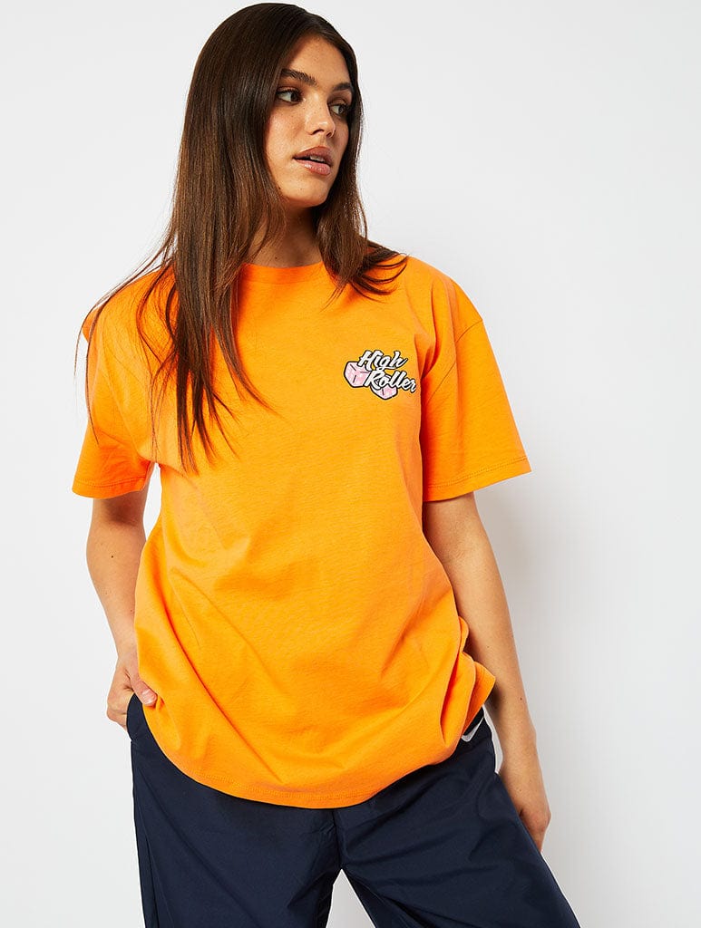 Money Can Buy Happiness Oversized T-Shirt in Orange Tops & T-Shirts Skinnydip London
