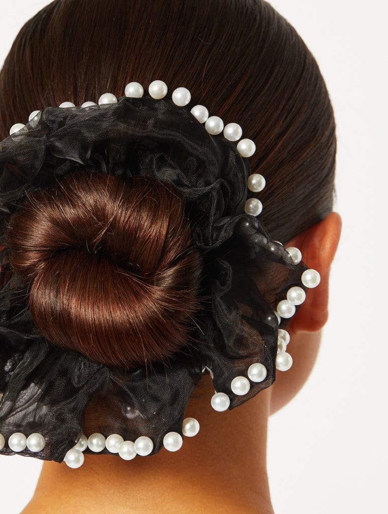 My Accessories London Organza Pearl Bow Hair Clip in Black