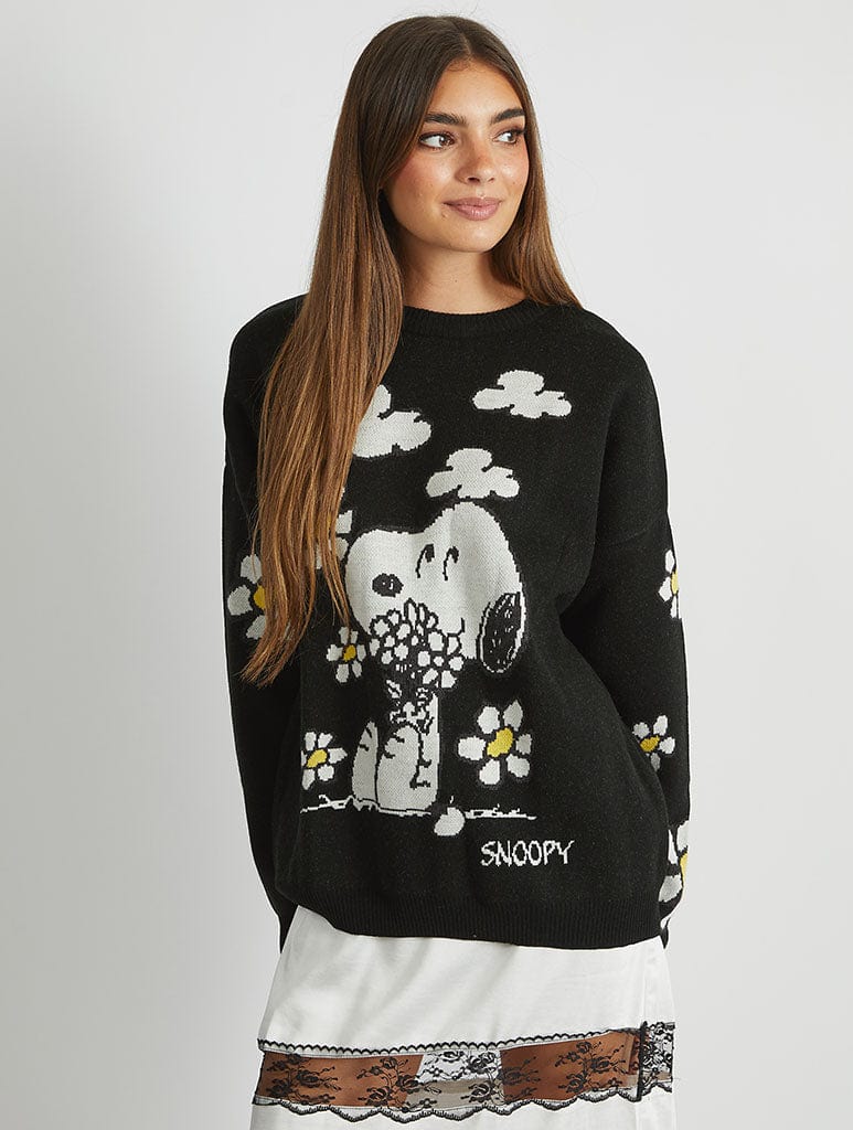 Peanuts x Snoopy Flower Black Knitted Jumper Jumpers & Cardigans Skinnydip London