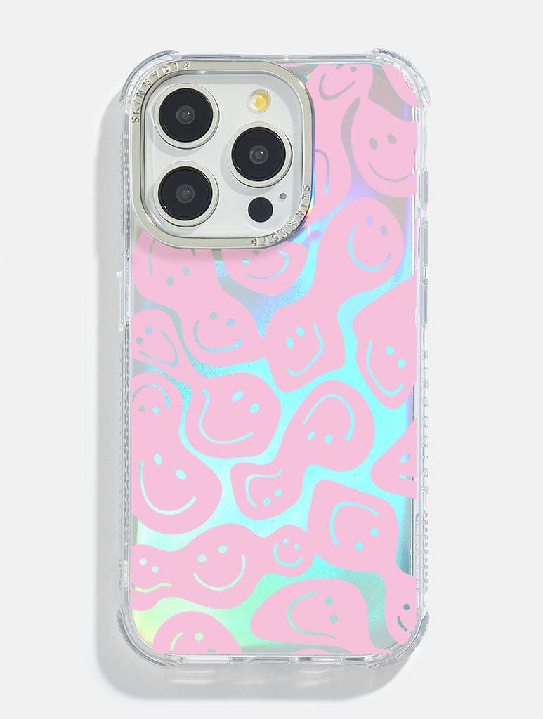 Pink Warped Happy Face Holo Foil Shock iPhone Case Phone Cases Skinnydip London