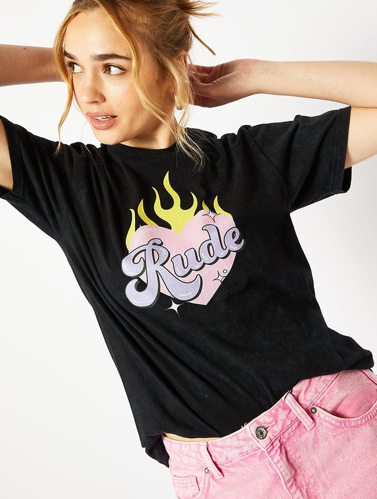 Rude Graphic Acid Wash Oversized T-Shirt Tops & T-Shirts Skinnydip London