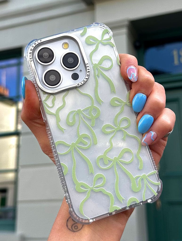 Sage Bows Glitter Shock iPhone Case Phone Cases Skinnydip London