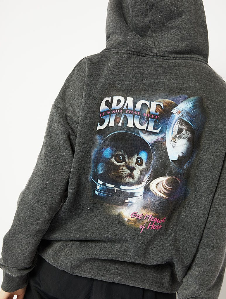 Space Cat Acid Wash Oversized Hoodie Hoodies & Sweatshirts Skinnydip London