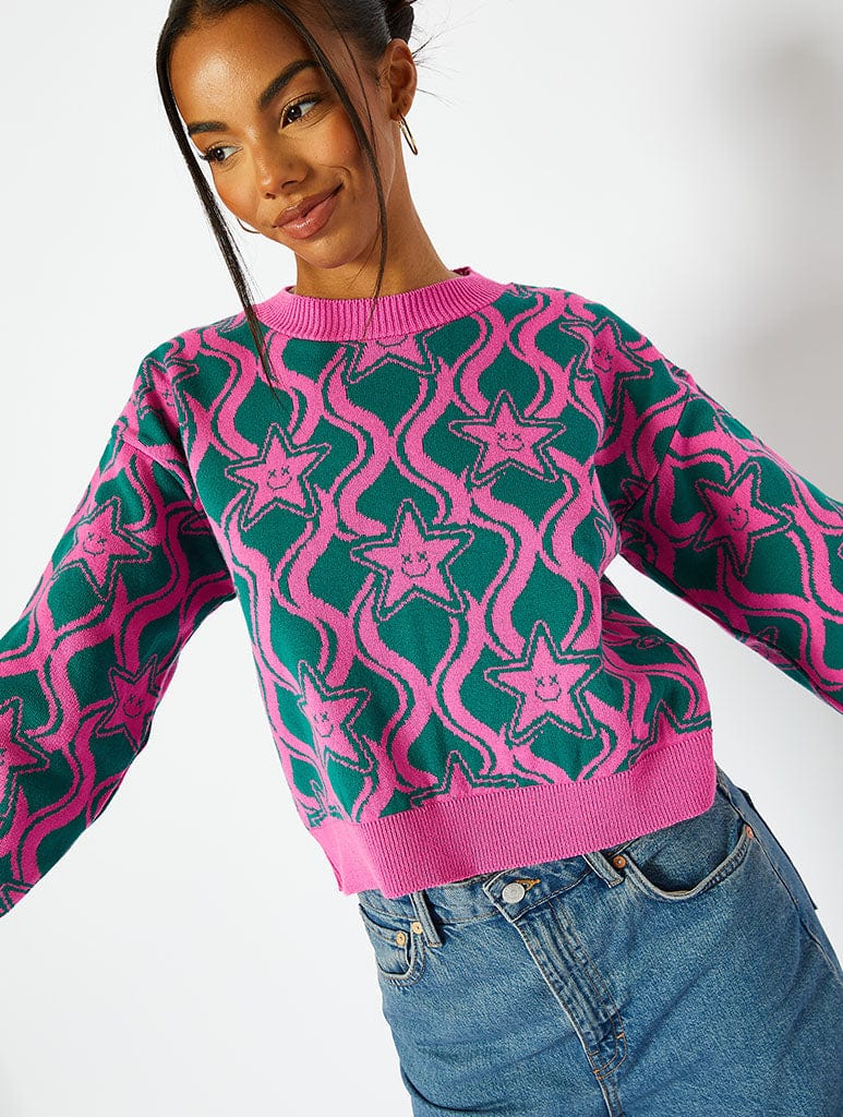 Star Jaquard Knitted Jumper in Green Jumpers & Cardigans Skinnydip London