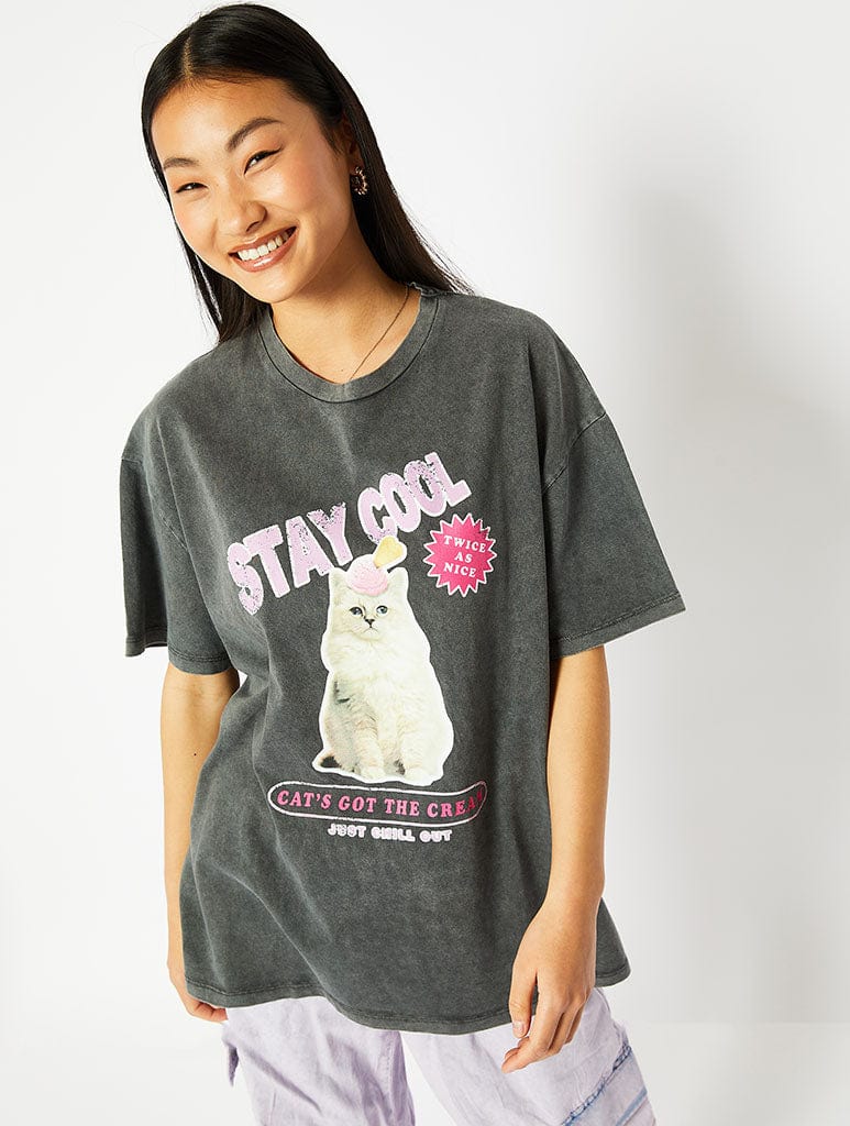 Stay Cool Cat Oversized Acid Wash T-Shirt Tops & T-Shirts Skinnydip London
