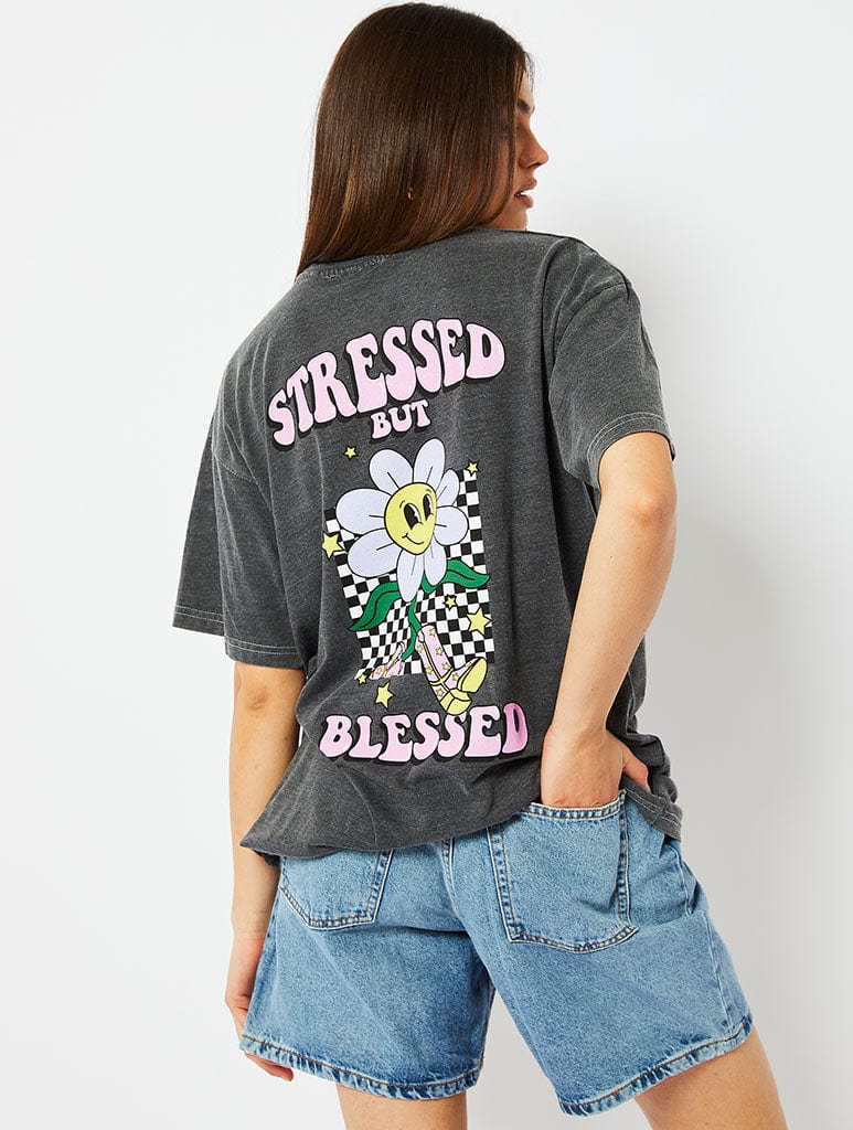 Stressed But Blessed Acid Wash Oversized T-Shirt Tops & T-Shirts Skinnydip London