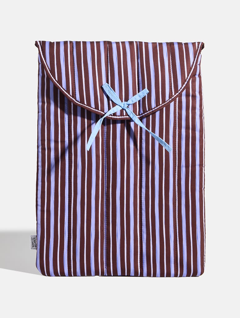 Stripe Quilted Bow Laptop Sleeve in Brown and Blue Laptop Cases Skinnydip London