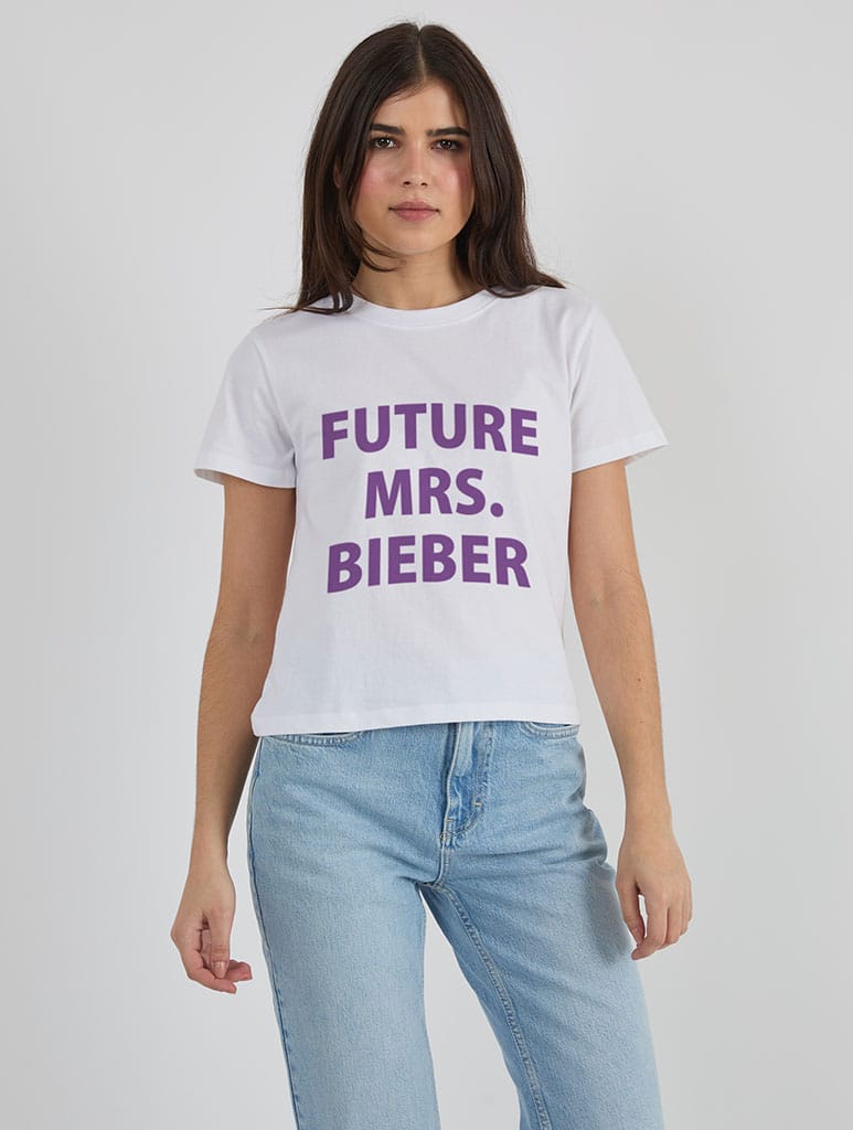 The Future Mrs Bieber Purple Baby T-Shirt In White Tops & T-Shirts Skinnydip London