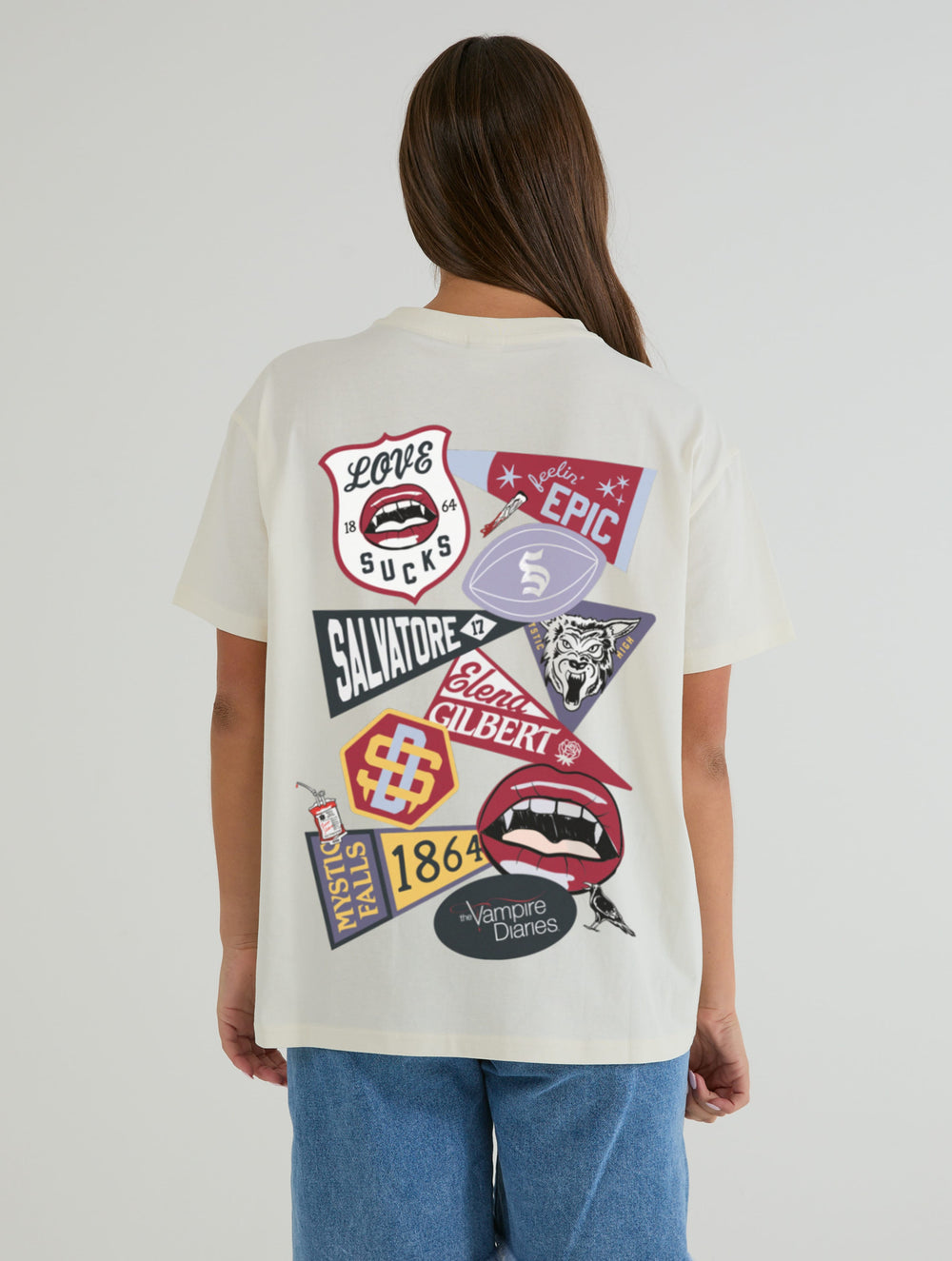 The Vampire Diaries x Skinnydip Varsity Sticker T-Shirt In White Tops & T-Shirts Skinnydip London