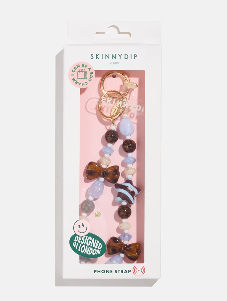 Tortoiseshell Stripe Bows Beaded Strap in Blue Phone Grips Skinnydip London