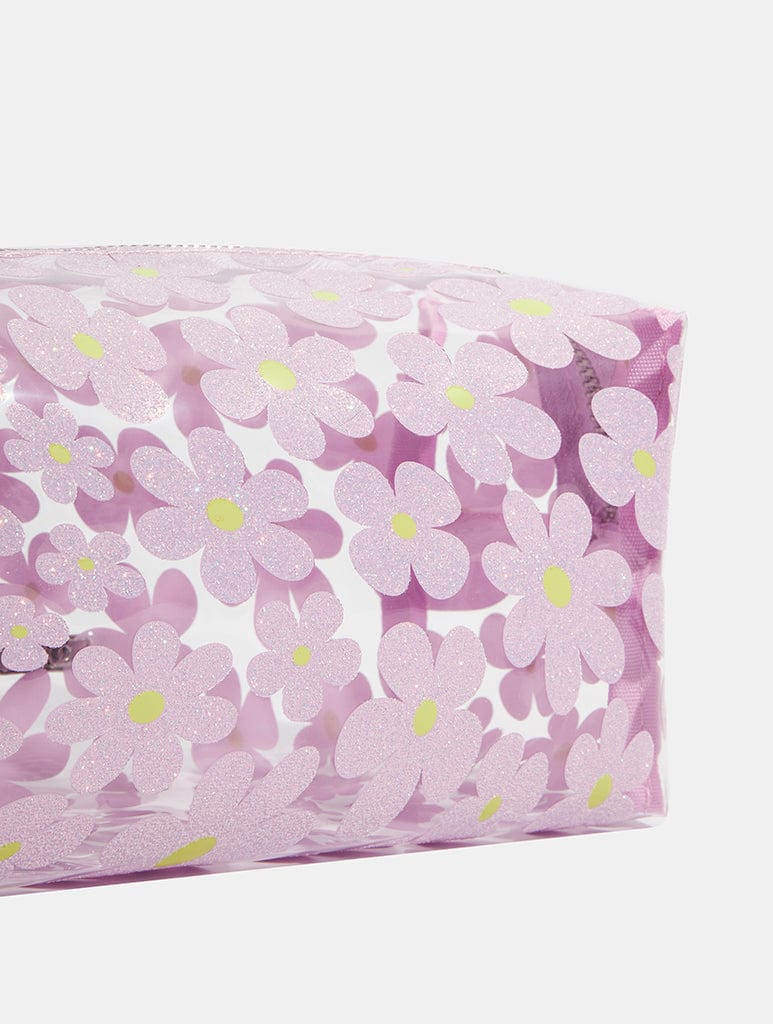 Warped Lilac Glitter Flower Makeup Bag Makeup Bags & Washbags Skinnydip London
