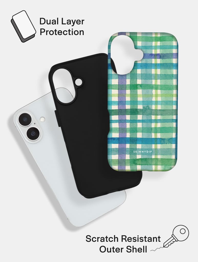 Watercolour Gingham Green Blue Ultra Protective iPhone Case Phone Cases Skinnydip London