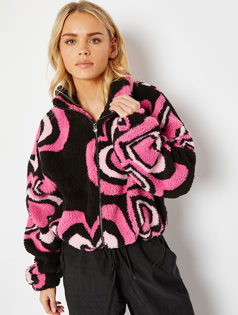 Zip Through Heart Borg In Pink And Black Coats & Jackets Skinnydip London