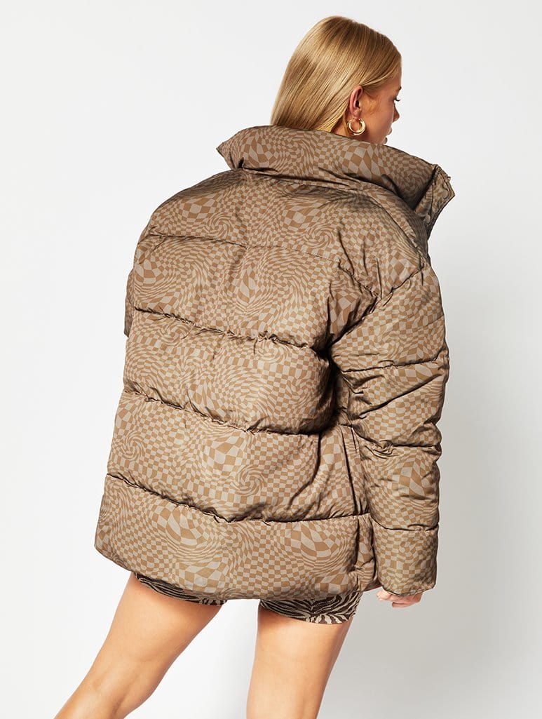 Brown Checkerboard Oversized Puffer Jacket Coats & Jackets Skinnydip