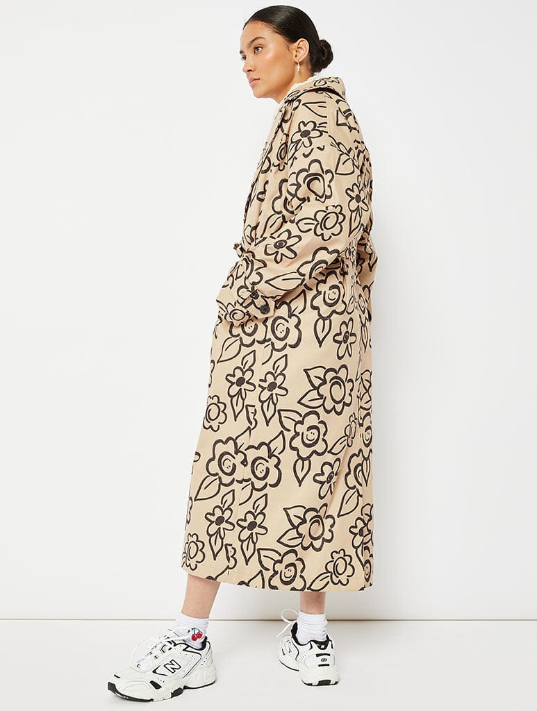 Brown Happy Face Flower Printed Trench Coat Coats & Jackets Skinnydip London