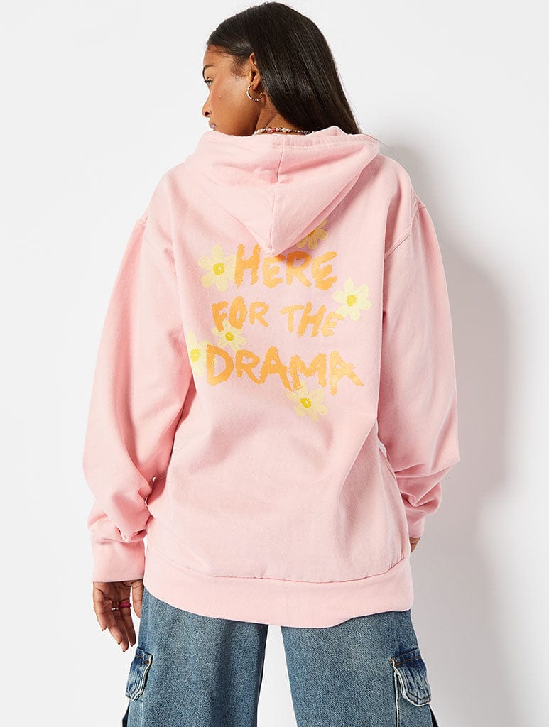 Here For The Drama Slogan Pink Hoodie Hoodies & Sweatshirts Skinnydip