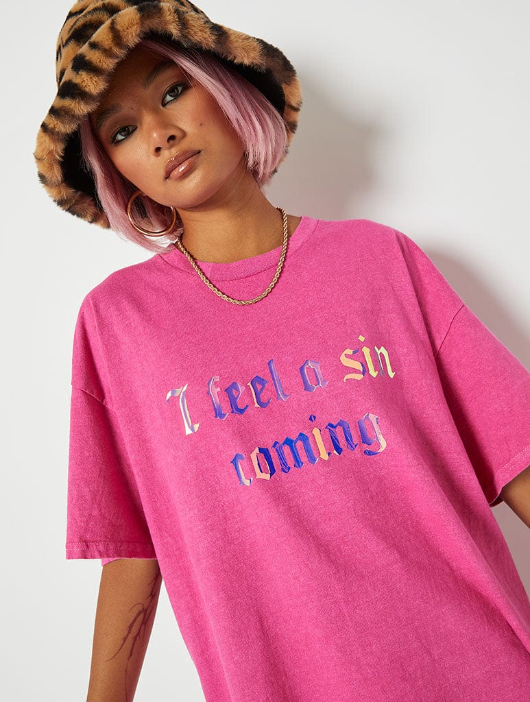 I Feel a Sin Coming Slogan Oversized T-Shirt in Pink Tops & T-Shirts Skinnydip London