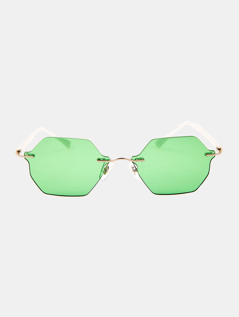 Jeepers Peepers Rimless Hexagon Frame With Green Lenses Sunglasses Jeepers Peepers