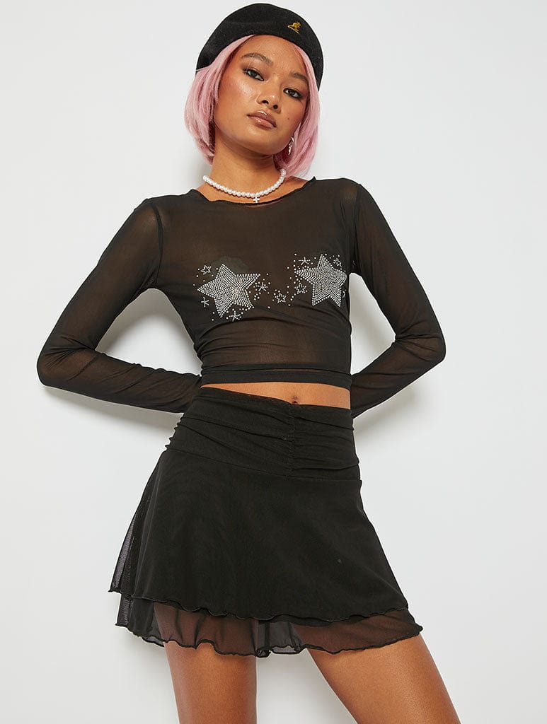 Long Sleve Mesh Crop Top with Diamonte Stars in Black Tops & T-Shirts Skinnydip London