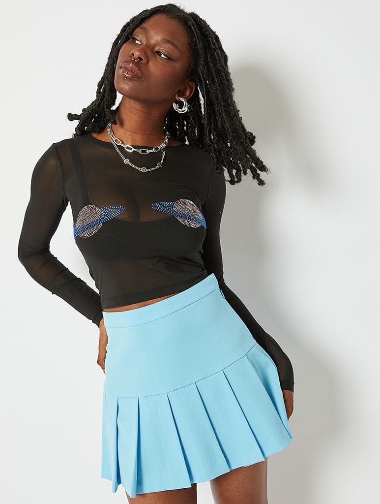 Long Sleve Mesh Crop Top with Planet Graphics Tops & T-Shirts Skinnydip London