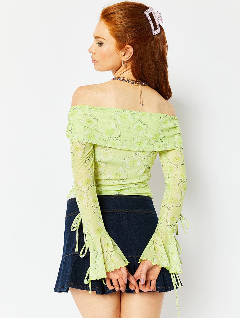 Off-Shoulder Tie Sleeve Butterfly Top In Lime Tops & T-Shirts Skinnydip London