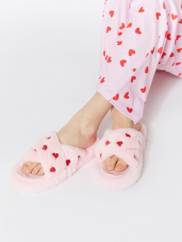Pink Fluffy Heart Cross Over Slippers Footwear Skinnydip
