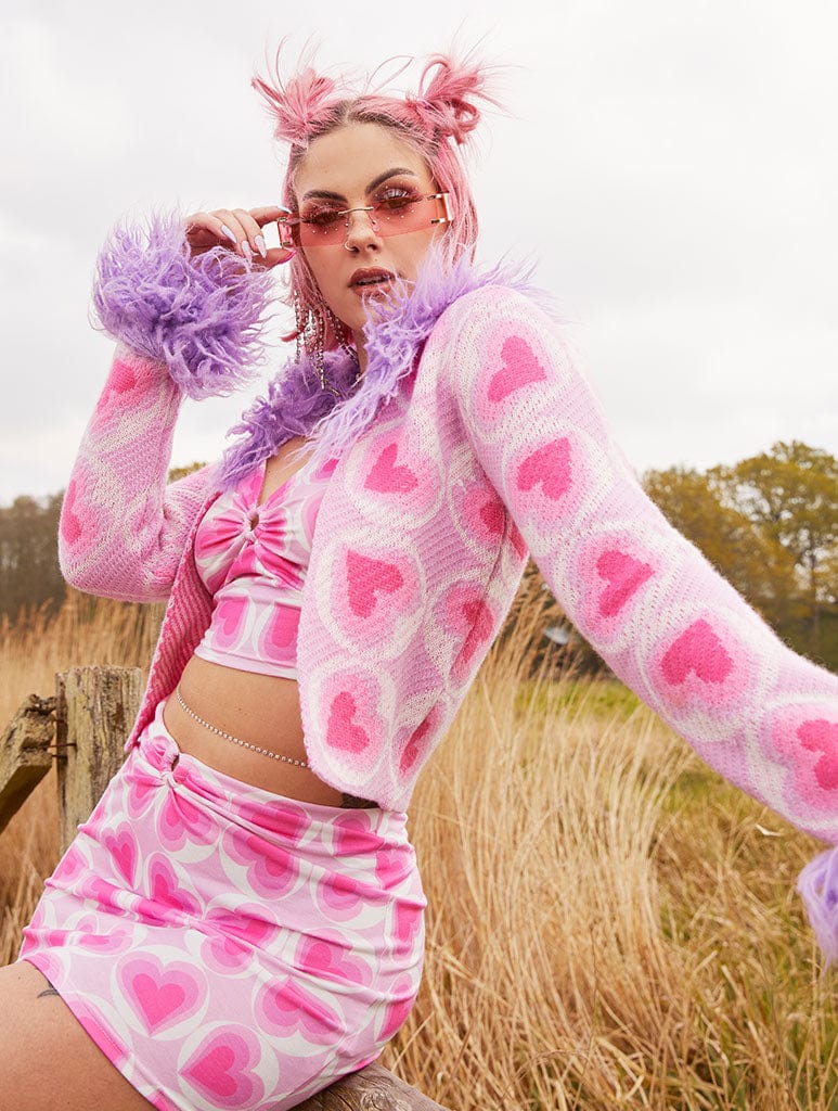 Pink Heart Print Faux Fur Trim Cardigan Jumpers & Cardigans Skinnydip