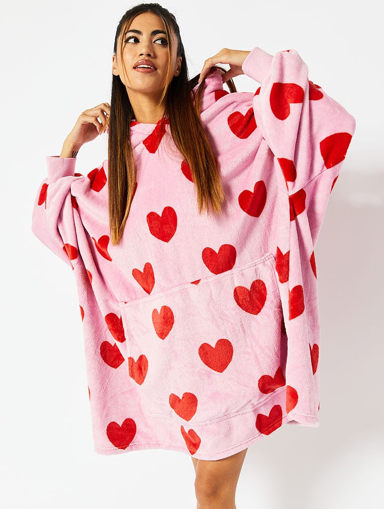Red & Pink Heart Pom Pom Blanket Hoodie Lingerie & Nightwear Skinnydip London