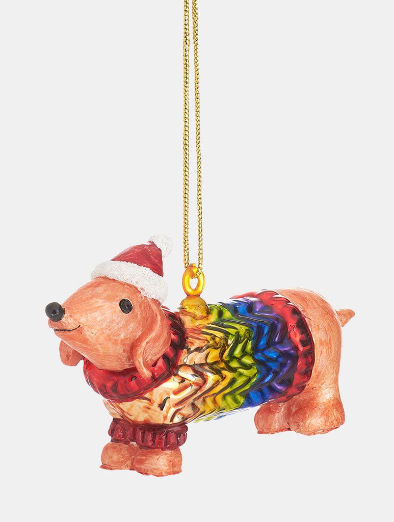 Sass & Belle Sausage Dog in a Rainbow Jumper Shaped Bauble Gifting Sass And Belle
