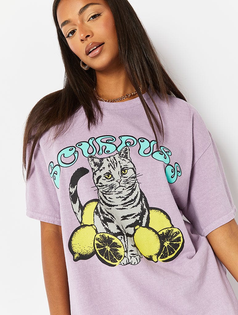 Sourpuss Cat Graphic Oversized T-Shirt in Lilac Hoodies & Sweatshirts Skinnydip London